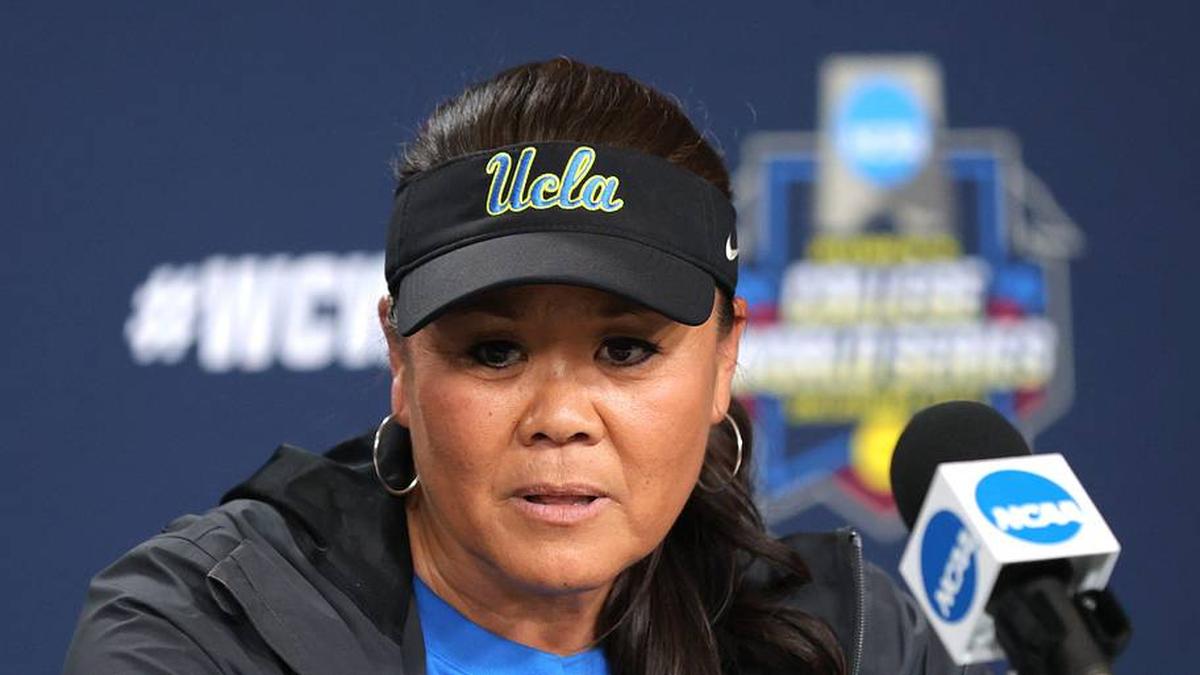  UCLA head softball coach Kelly Inouye-Perez speaks to the media during media day for the Women's College World Series at Devon Park in Oklahoma City, Wednesday, May, 29, 2024. | SARAH PHIPPS/THE OKLAHOMAN / USA TODAY NETWORK 