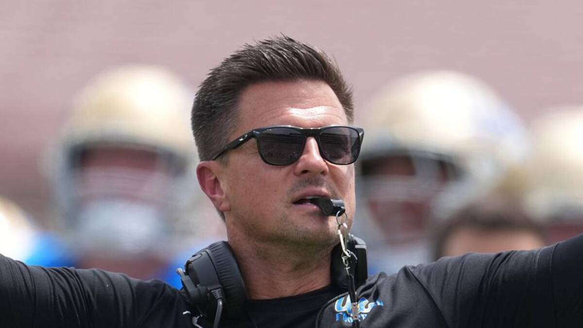  May 2, 2026; Pasadena, CA, USA; UCLA Bruins coach Bob Chesney reacts during the spring game at Rose Bowl. Mandatory Credit: Kirby Lee-Imagn Images | Kirby Lee-Imagn Images 