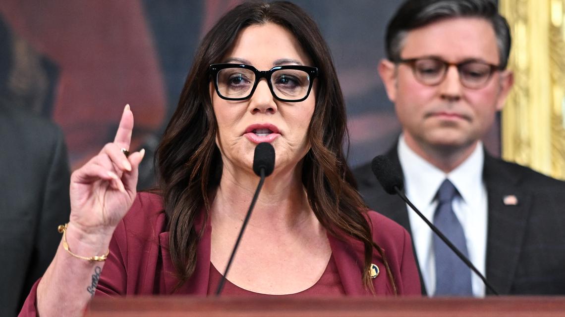 U.S. Secretary of Labor Lori Chavez-DeRemer speaks as Speaker of the House Mike Johnson looks on during a news conference at the U.S. Capitol on Nov. 4, 2025, in Washington, D.C. (Mandel Ngan/AFP/Getty Images/TNS