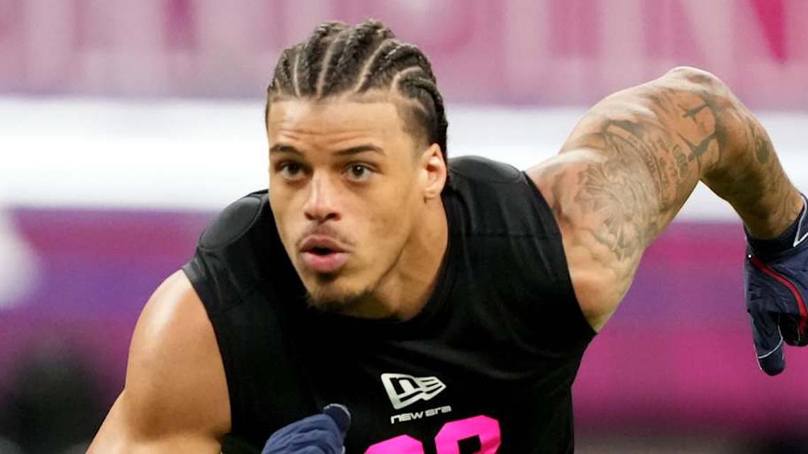  Feb 27, 2026; Indianapolis, IN, USA; Arizona defensive back Dalton Johnson (DB38) during the NFL Scouting Combine at Lucas Oil Stadium. Mandatory Credit: Kirby Lee-Imagn Images | Kirby Lee-Imagn Images 