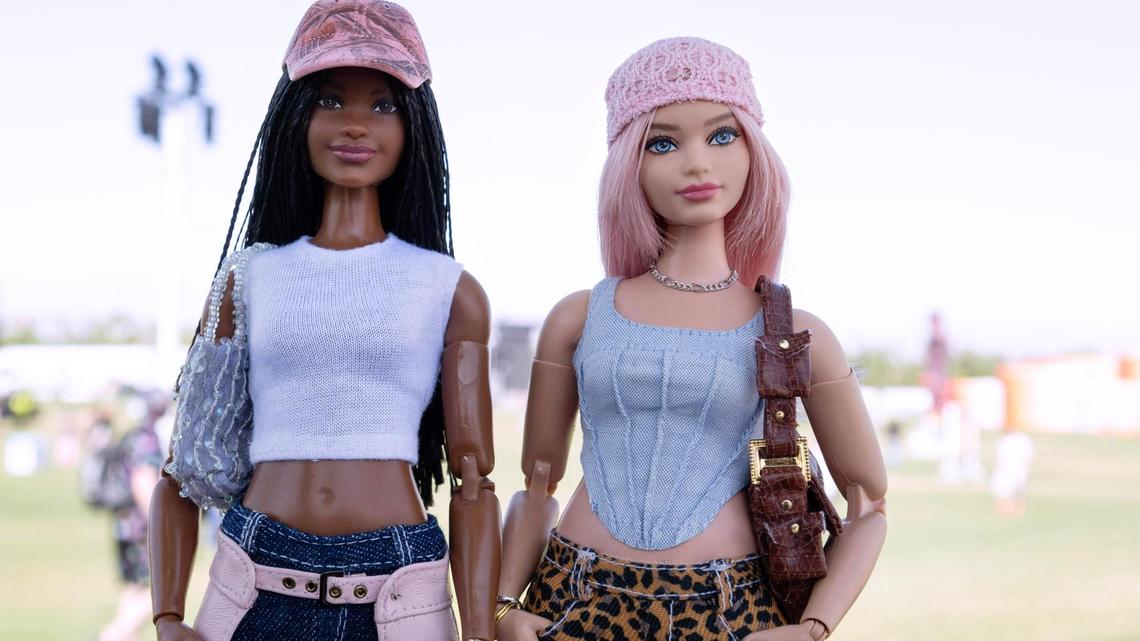 From left, Barbie dolls Brooklyn and Daisy are photographed during day one of the Coachella Valley Music & Arts Festival in Indio on Friday, April 17, 2026. (Photo by Drew A. Kelley, Press-Telegram/SCNG)