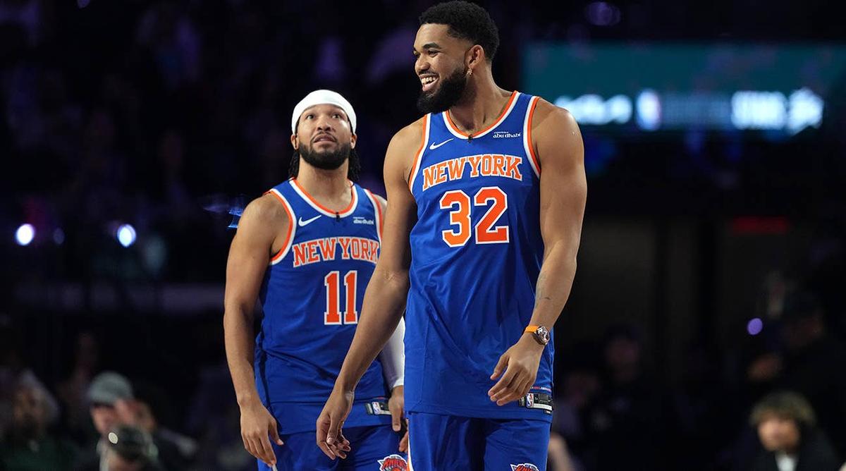  New York Knicks guard Jalen Brunson and center Karl-Anthony Towns react during the shooting stars competition at NBA All-Star Saturday Night at Intuit Dome on Feb. 14, 2026. Kirby Lee-Imagn Images