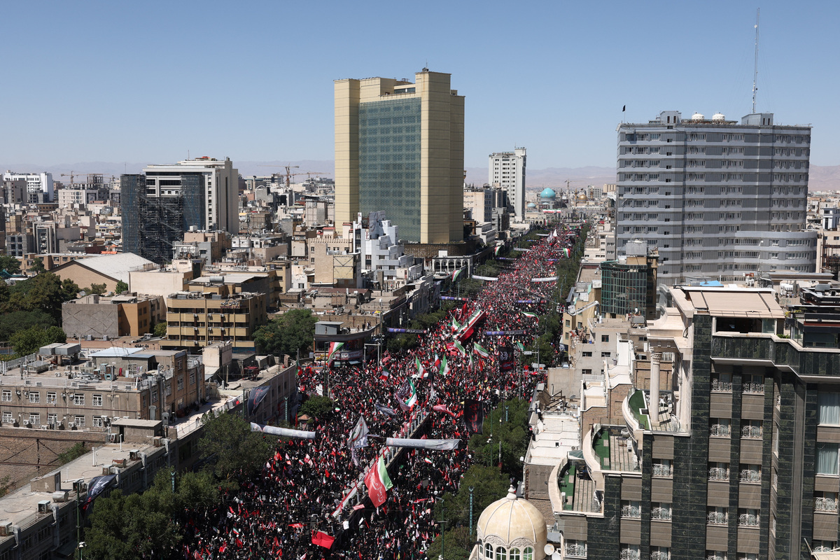 Mourners attend the burial ceremony for Iran's late Supreme Leader Ayatollah Ali Khamenei, who was killed on February 28 in Israeli and U.S. airstrikes, in Mashhad, Iran, July 9, 2026.  Majid Asgaripour/WANA (West Asia News Agency) via REUTERS