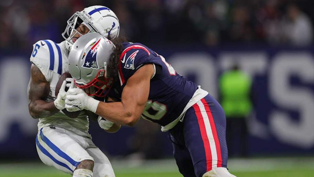  Nov 12, 2023; Frankfurt, Germany; Indianapolis Colts wide receiver Isaiah McKenzie (6) is hit by New England Patriots linebacker Jahlani Tavai (48) in the third quarter during an International Series game at Deutsche Bank Park. Mandatory Credit: Nathan Ray Seebeck-Imagn Images | Nathan Ray Seebeck-Imagn Images 