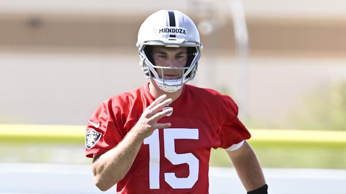  May 2, 2026; Henderson, NV, USA; Las Vegas Raiders quarterback Fernando Mendoza (15) warms up during a Rookie Minicamp at Intermountain Health Performance Center. Mandatory Credit: Candice Ward-Imagn Images | Candice Ward-Imagn Images 