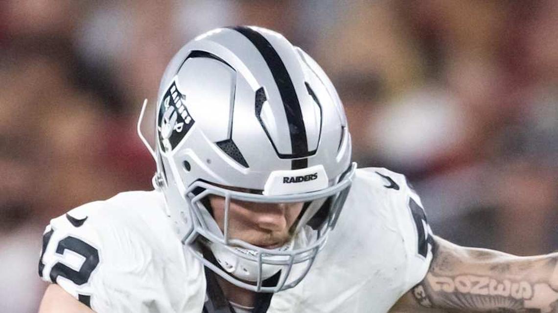  Aug 23, 2025; Glendale, Arizona, USA; Arizona Cardinals running back Bam Knight (35) is tackled by Las Vegas Raiders linebacker Tommy Eichenberg (44) and Matt Jones (42) during a preseason NFL game at State Farm Stadium. Mandatory Credit: Mark J. Rebilas-Imagn Images | Mark J. Rebilas-Imagn Images 