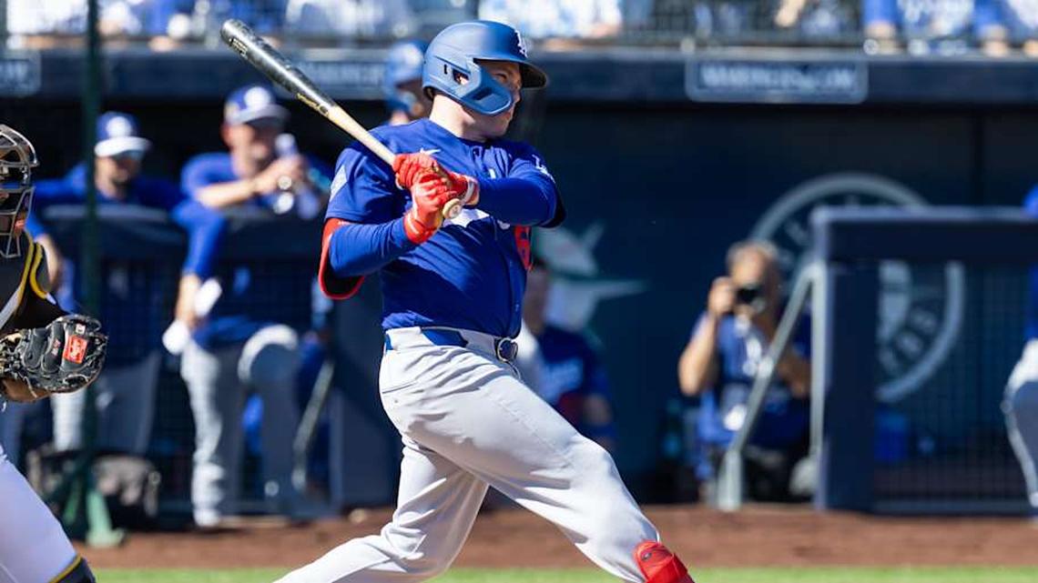  Feb 22, 2026; Peoria, Arizona, USA; Los Angeles Dodgers first baseman Ryan Ward against the San Diego Padres during a spring training game at Peoria Sports Complex. | Mark J. Rebilas-Imagn Images 