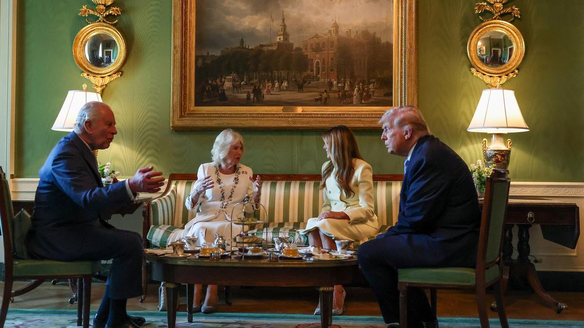 U.S. President Donald Trump and first lady Melania Trump host King Charles III and Queen Camilla for afternoon tea at the White House on day one of their State Visit to the United States of America on April 27, 2026, in Washington, D.C. The visit will include stops at the nation's capital, New York City, and Virginia, arranged to celebrate the United States of America's 250th anniversary of its independence. (Suzanne Plunkett/Pool/Getty Images/TNS)