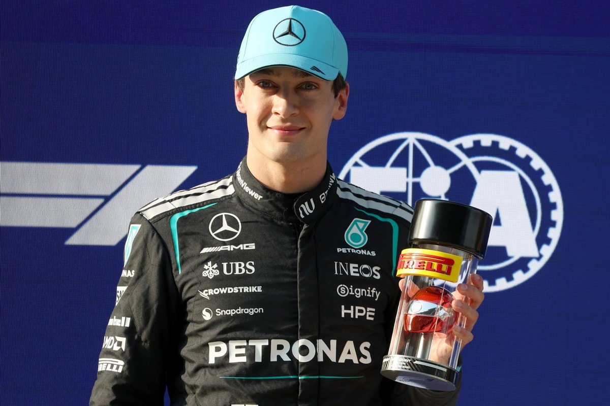  George Russell with his Pirelli Sprint Pole award at the 2026 F1 Chinese Grand Prix Sprint qualifying. Sam Bloxham/LAT Images via Getty Images