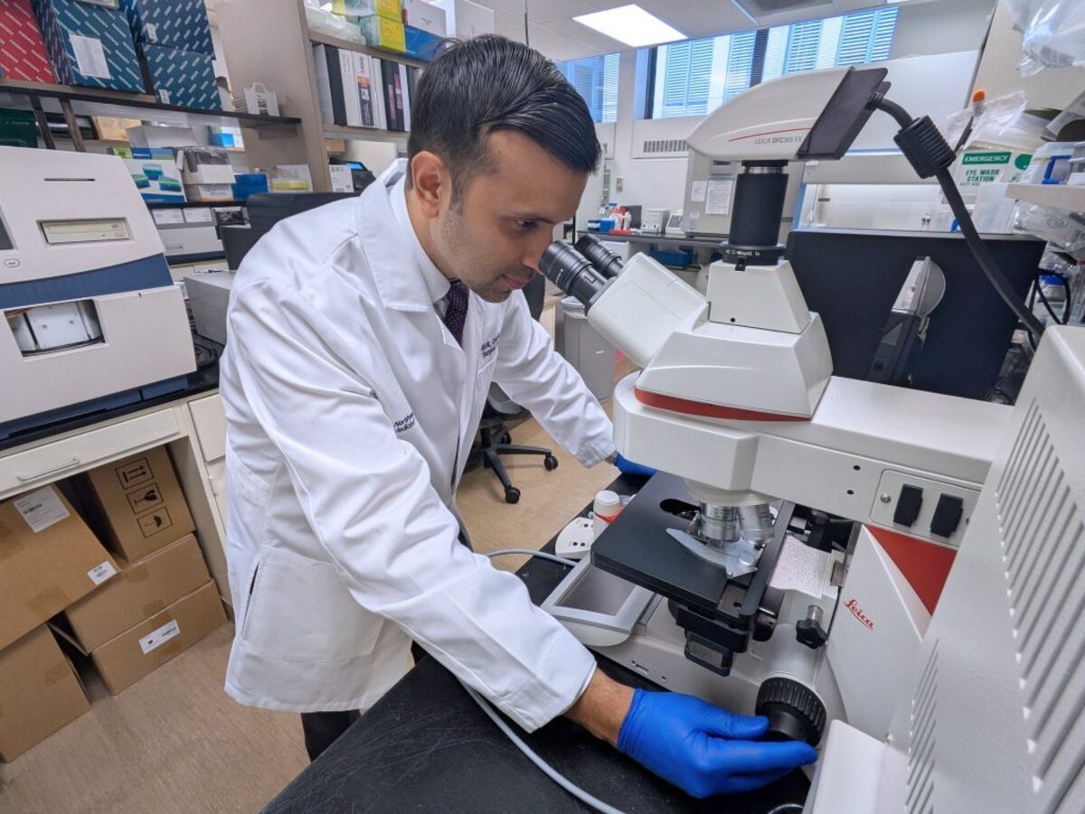  Study senior author Dr. Akhil Chawla, a complex surgical oncologist, working in his lab at Northwestern University Feinberg School of Medicine in Chicago. (Ben Schamisso / Northwestern University via SWNS) 