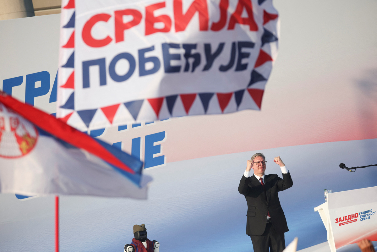 Serbian President Aleksandar Vucic attends a rally in Belgrade, Serbia, June 27, 2026. REUTERS/Djordje Kojadinovic