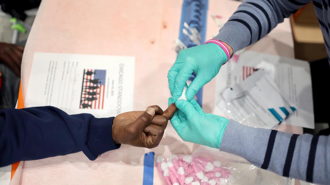 Military veterans get tested for Hepatitis C and HIV during a Stand Down event designed to help veterans who are homeless or housing insecure on June 16, 2023 in Chicago, Illinois. (Scott Olson/Getty Images/TNS)