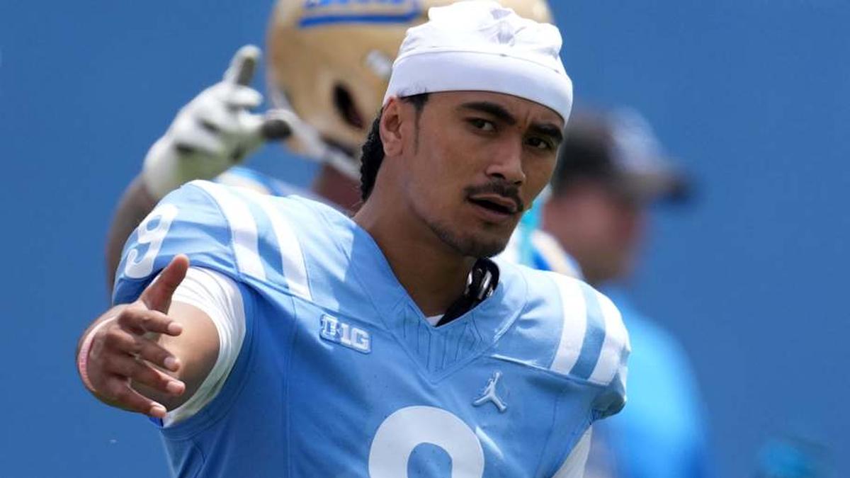  May 2, 2026; Pasadena, CA, USA; UCLA Bruins quarterback Nico Iamaleava (9) reacts during the spring game at Rose Bowl. Mandatory Credit: Kirby Lee-Imagn Images | Kirby Lee-Imagn Images 