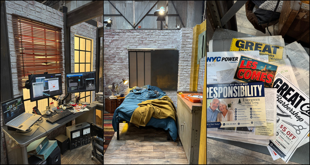 L-R: Peter Parker's workstation, sleeping nook, posters and flyers on the shelf.