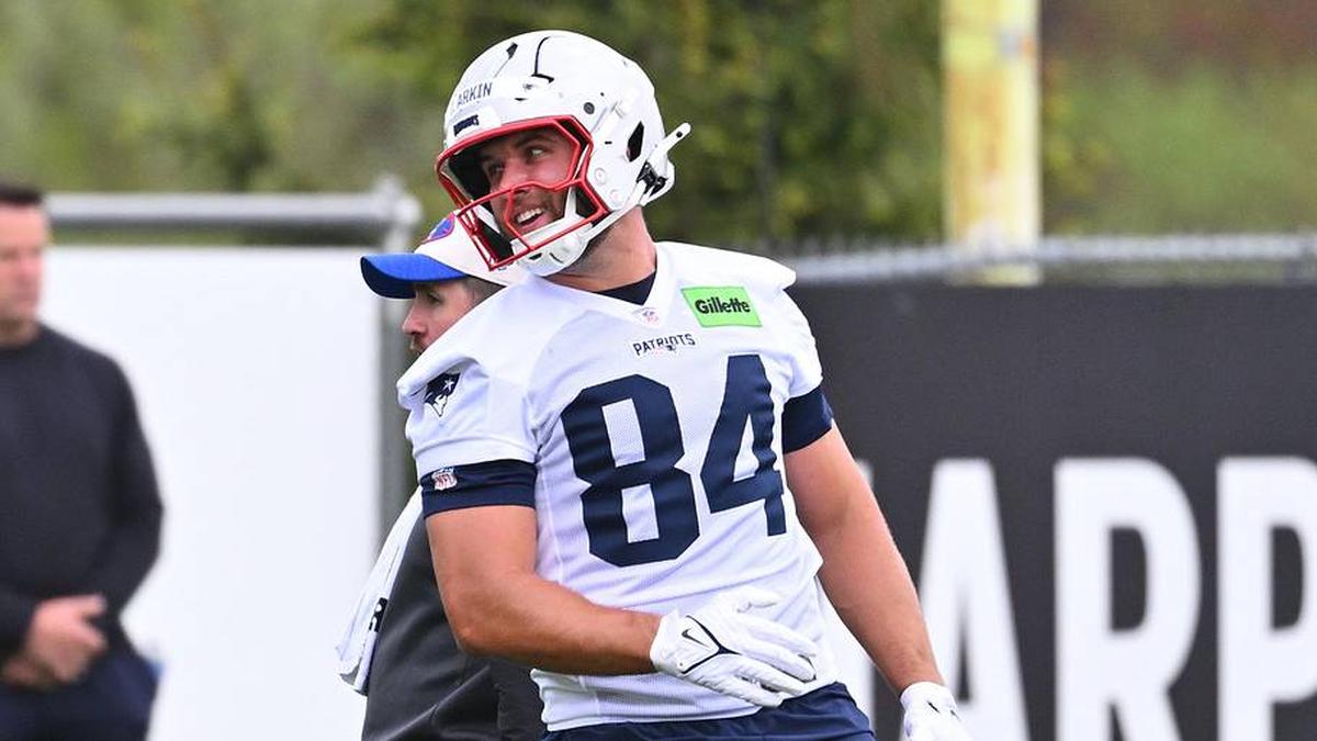  May 9, 2026; Foxborough, MA, USA; New England Patriots tight end Tanner Arkin (84) participates at the New England Patriots rookie camp at Gillette Stadium. Mandatory Credit: Eric Canha-Imagn Images | Eric Canha-Imagn Images 