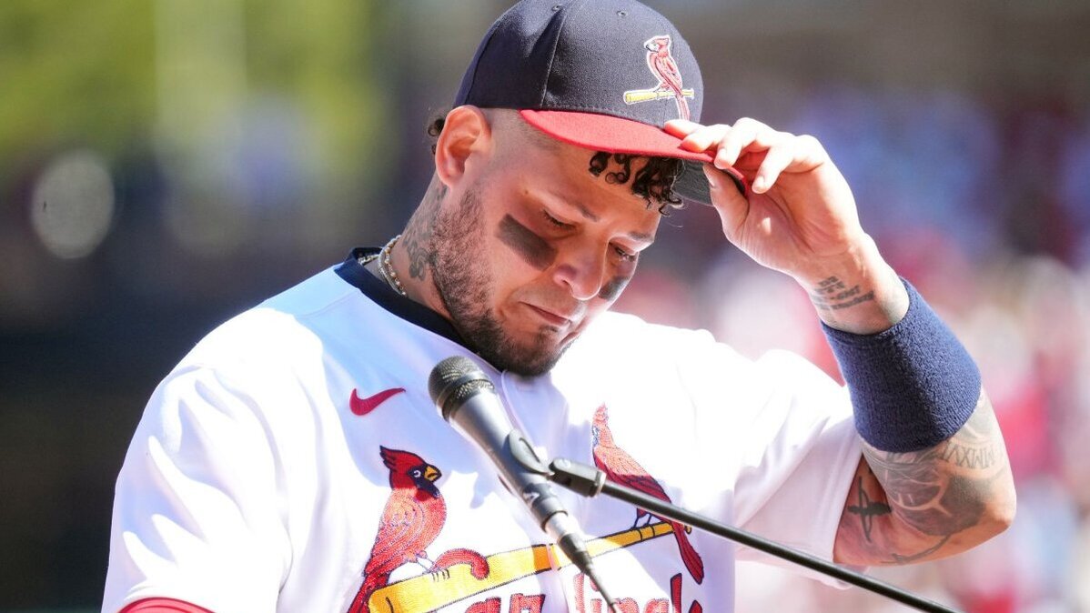 St. Louis Cardinals Yadier Molina speaks about retirement in October 2022 before a game against the Pittsburgh Pirates at Busch Stadium in St. Louis. Molina said Monday that a private jet that crashed Sunday in the Dominican Republic was on its way to pick him up. File Photo by Bill Greenblatt/UPI