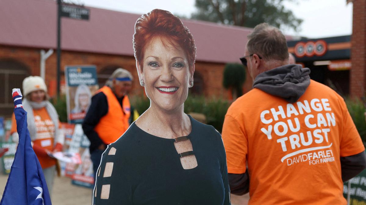 FILE PHOTO: A campaign cutout depicting One Nation leader Pauline Hanson is displayed outside a pre-polling centre ahead of the Farrer by-election in Corowa, Australia, May 6, 2026. REUTERS/Hollie Adams/File Photo