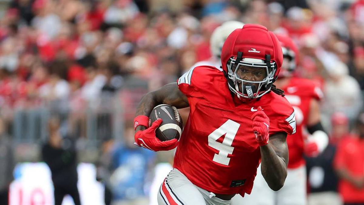 Apr 18, 2026; Columbus, OH, USA; Ohio State Wide receiver Jeremiah Smith (4) runs after catching the ball during the annual spring game at Ohio Stadium. Mandatory Credit: Joseph Maiorana-Imagn Images | Joseph Maiorana-Imagn Images 