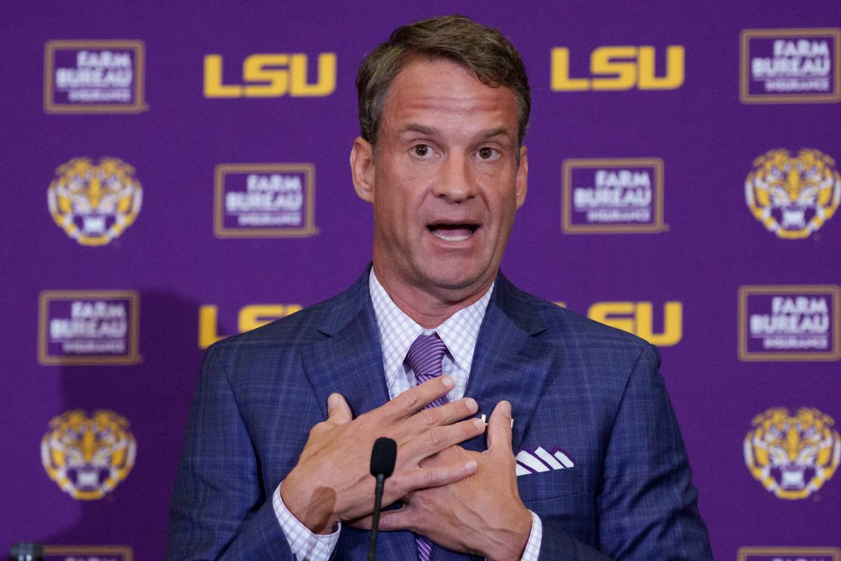  Dec 1, 2025; Baton Rouge, LA, USA; LSU new head coach Lane Kiffin speaks at South Stadium Club at Tiger Stadium. Mandatory Credit: Matthew Hinton-Imagn Images 