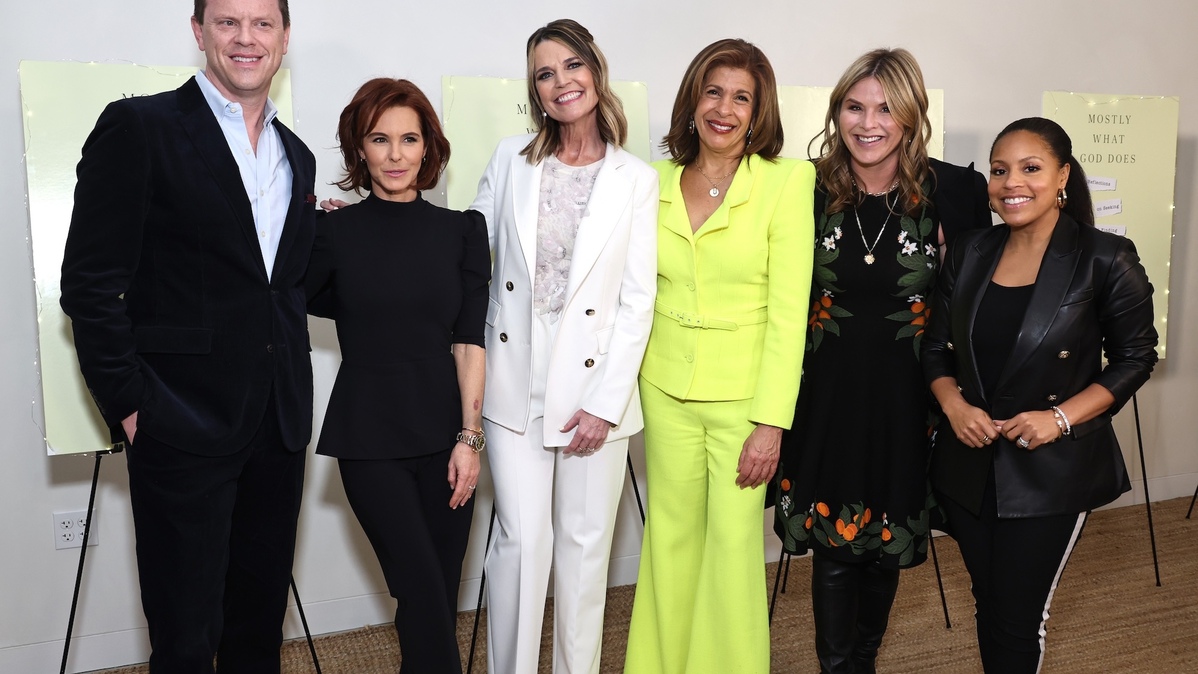 NEW YORK, NEW YORK - FEBRUARY 21: (L-R) Willie Geist, Stephanie Ruhle, Savannah Guthrie, Hoda Kotb, Jenna Bush-Hager,  and Sheinelle Jones attend the "Mostly What God Does" book presentation on February 21, 2024 in New York City. (Photo by Jamie McCarthy/Getty Images)