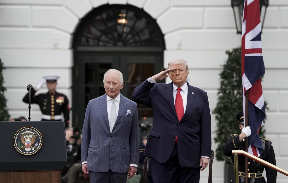 President Donald Trump, right, with King Charles III during an arrival ceremony on the South Lawn of the White House in Washington, on Tuesday, April 28, 2026. (Salwan Georges/The New York Times)