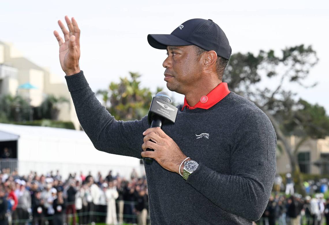  Feb 16, 2025; San Diego, California, USA; Tiger Woods waves to the fans at The Genesis Invitational golf tournament at Torrey Pines. Mandatory Credit: Denis Poroy-Imagn Images 