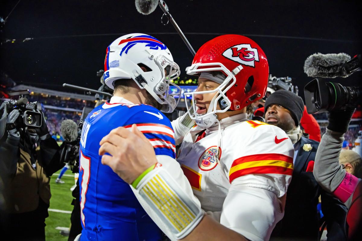 Buffalo Bills quarterback Josh Allen, left, chatted quickly with Kansas City Chiefs QB Patrick Mahomes after Sunday’s NFL Week 11 game at Highmark Stadium in Orchard Park, New York, on Nov. 17, 2024.