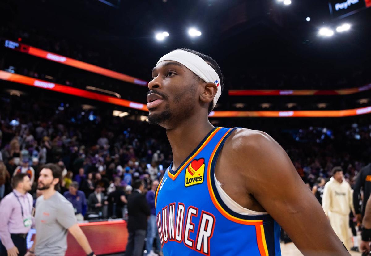  Oklahoma City Thunder guard Shai Gilgeous-Alexander (2) walks off the court after a game against the Phoenix Suns. © Mark J. Rebilas-Imagn Images