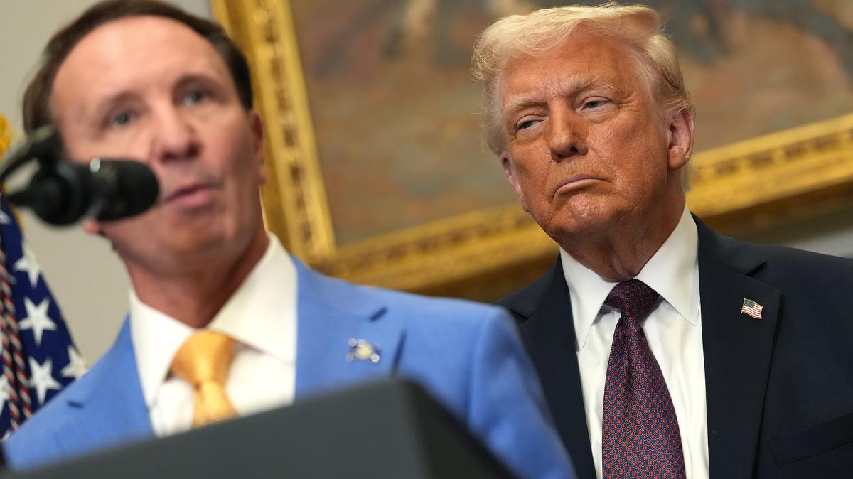 U.S. President Donald Trump looks on as Louisiana Gov. Jeff Landry speaks at an investment announcement in the Roosevelt Room of the White House March 24, 2025, in Washington, D.C. (Win McNamee/Getty Images/TNS)