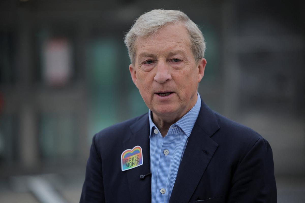 California gubernatorial candidate Tom Steyer speaks to the media at the Wilshire/La Brea Metro station on the day of the primary election in Los Angeles, California, U.S., June 2, 2026. REUTERS/Daniel Cole