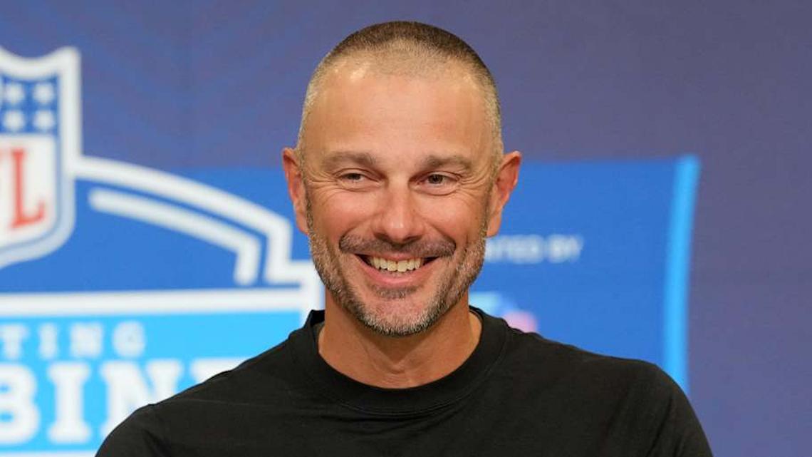  Feb 24, 2026; Indianapolis, IN, USA; Las Vegas Raiders general manager John Spytek speaks at the NFL Scouting Combine at the Indiana Convention Center. Mandatory Credit: Kirby Lee-Imagn Images | Kirby Lee-Imagn Images 