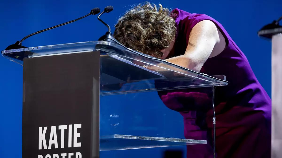 Katie Porter reacts during a gubernatorial debate, April 28, 2026, at Pomona College in Claremont, California. (Eric Thayer/Los Angeles Times/TNS)