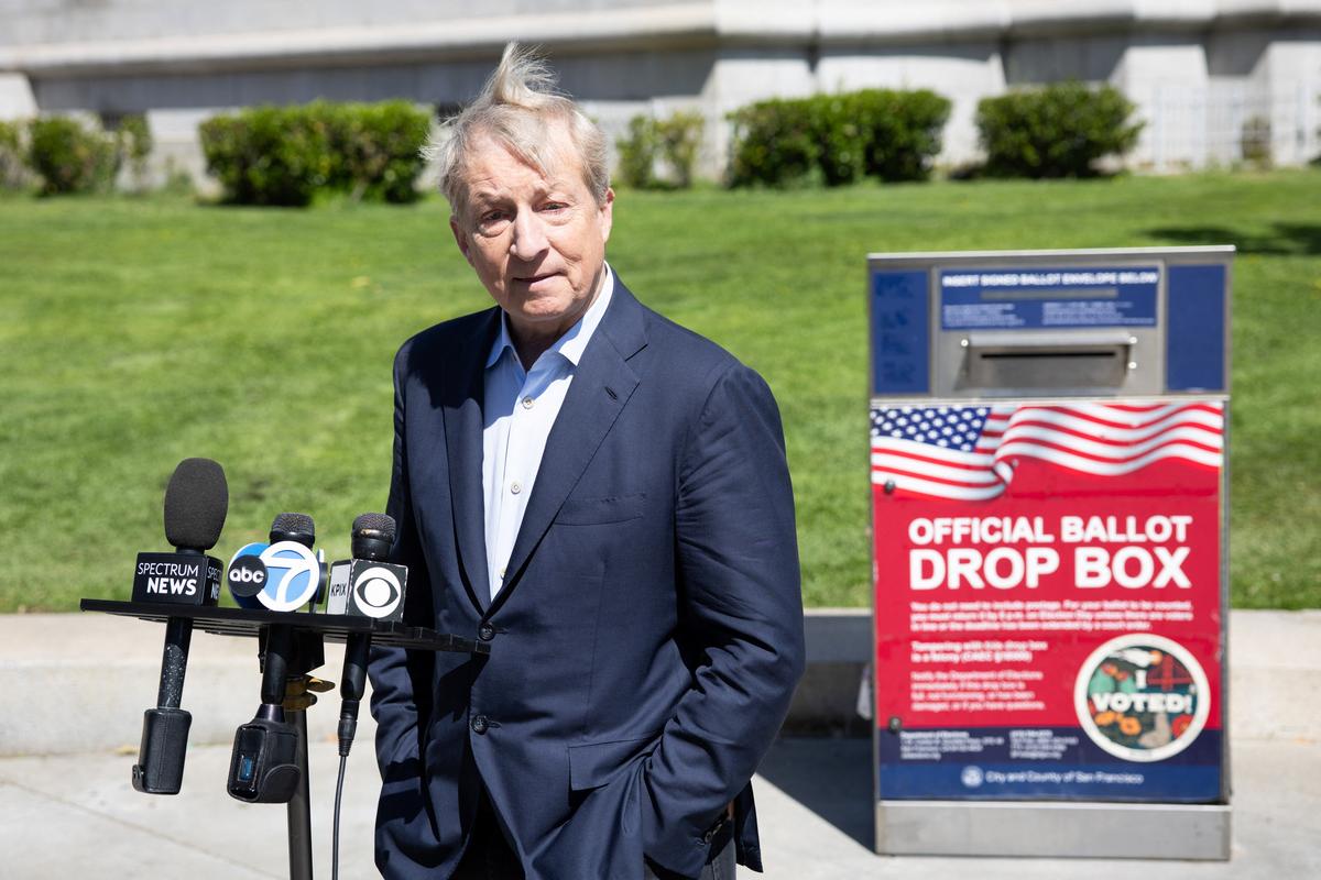 California gubernatorial candidate Tom Steyer speaks to the press after casting his ballot outside of City Hall in San Francisco, California, U.S., May 26, 2026. REUTERS/Manuel Orbegozo