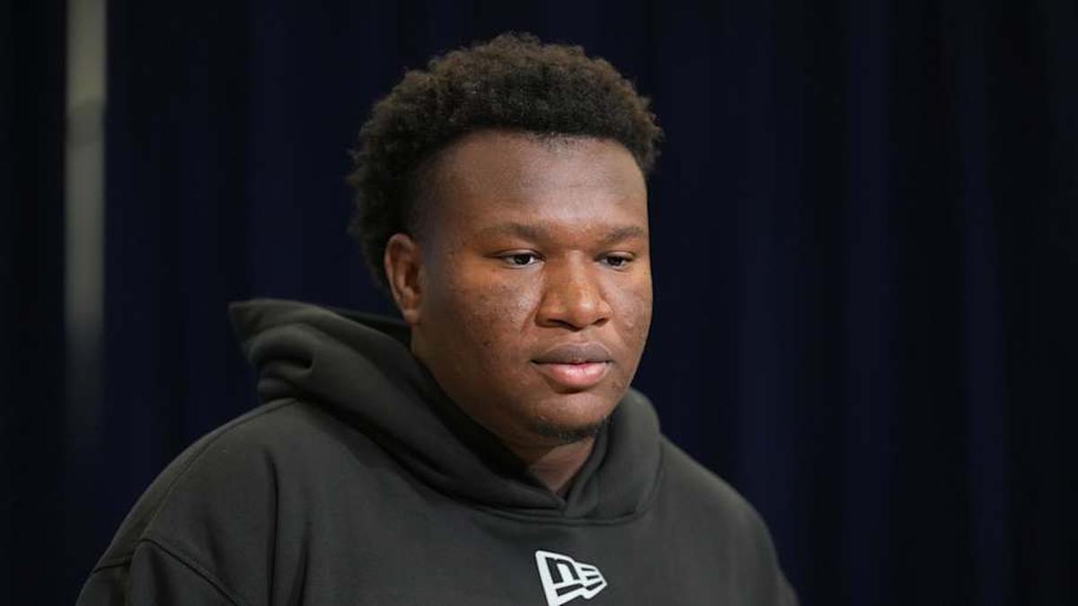  Feb 25, 2026; Indianapolis, IN, USA; NC State defensive lineman Brandon Cleveland (DL06) speaks during the NFL Scouting Combine at the Indiana Convention Center. Mandatory Credit: Kirby Lee-Imagn Images | Kirby Lee-Imagn Images 
