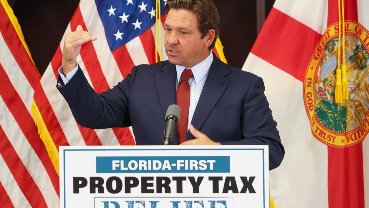 Gov. Ron DeSantis speaks about his proposal for Florida to become the first state to abolish property taxes during a news conference at the Florida REALTORS headquarters in Orlando on Monday, March 31, 2025. (Rich Pope, Orlando Sentinel)