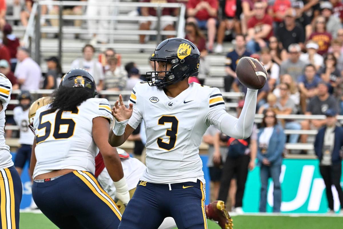  Sep 27, 2025; Chestnut Hill, Massachusetts, USA; California Golden Bears quarterback Jaron-Keawe Sagapolutele (3) throws the ball for an interception by the Boston College Eagles during the first half at Alumni Stadium. Mandatory Credit: Eric Canha-Imagn Images