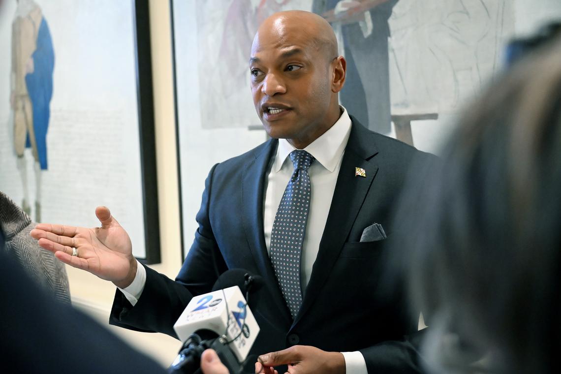 Maryland Gov. Wes Moore speaks with the media after testifying before the House Rules Executive Nominations Committee in support of House Bill 488, a congressional redistricting bill, on Jan. 27, 2026, in Annapolis, Maryland. (Kim Hairston/Baltimore Sun/TNS)