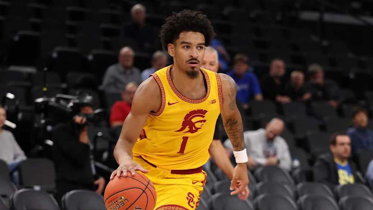  Nov 14, 2025; Inglewood, California, USA; Southern California Trojans guard Rodney Rice (1) dribbles the ball during the first half of the Hall of Fame Series game against the Illinois State Redbirds at Intuit Dome. Mandatory Credit: Kiyoshi Mio-Imagn Images | Kiyoshi Mio-Imagn Images 