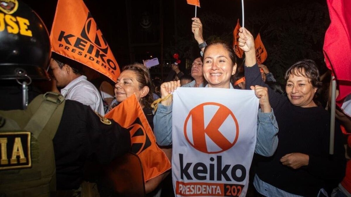 Supporters of Peruvian presidential candidate Keiko Fujimori celebrate after the results of the second round of elections in Lima, Peru, on Sunday. Preliminary results shows Fujimori has a razor-thin lead.Photo by Renato Pajuelo/EPA