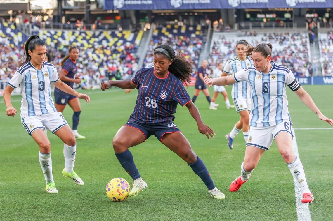  Jameese Joseph #26 of the USWNT dribbles the ball in the first half during the SheBelieves Cup match against Argentina. Photo by Roger Wimmer/ISI Photos/ISI Photos via Getty Images