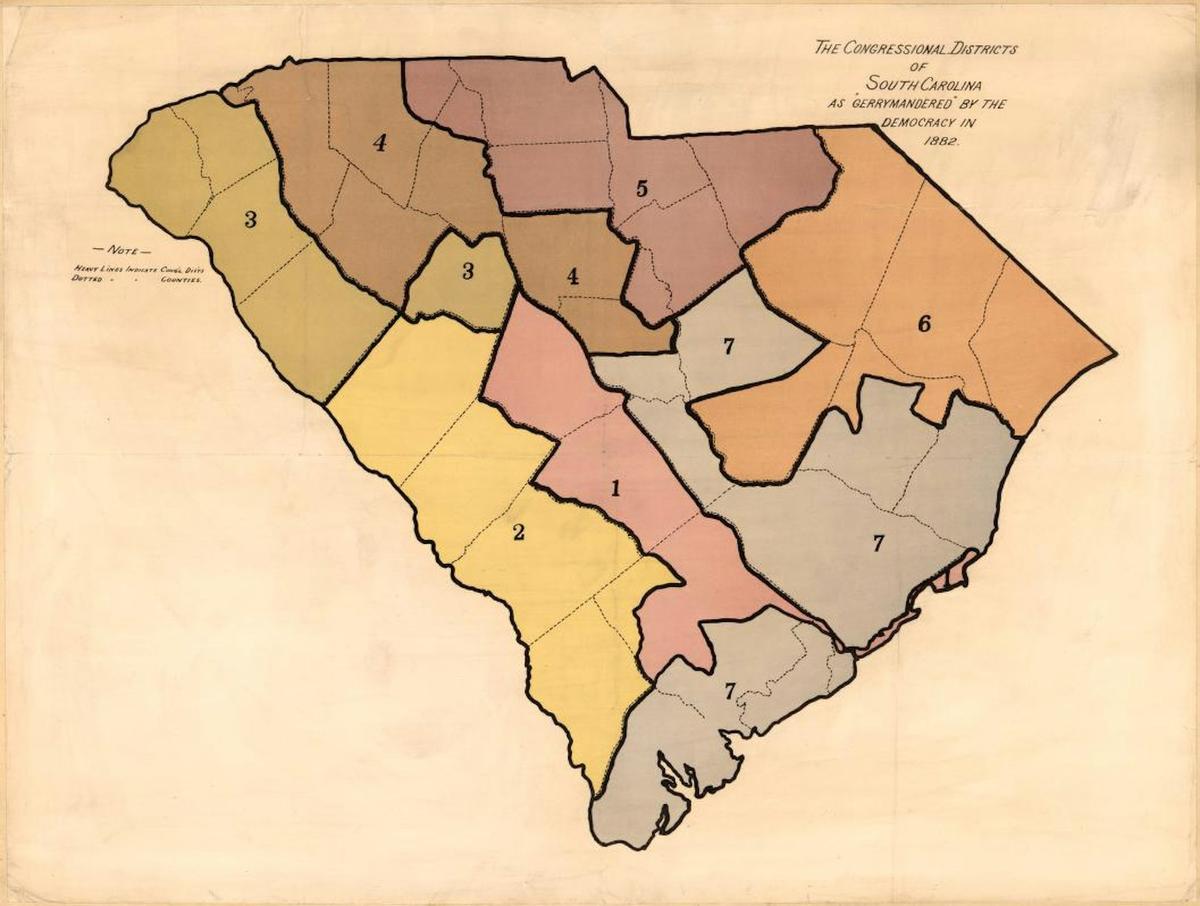  South Carolina's House map was gerrymandered in 1882 to minimize Black representation, heavily concentrating Black voters in the 7th District. Library of Congress, Geography and Map Division 