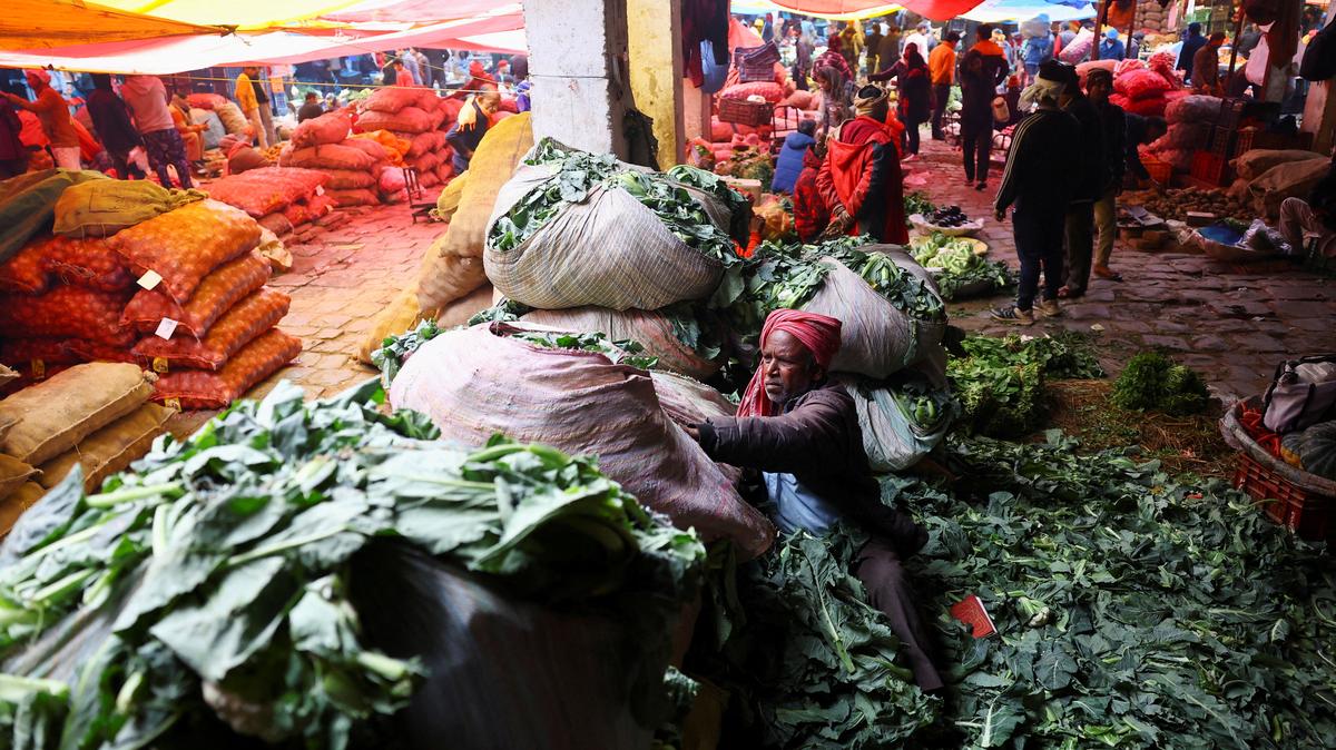 FILE PHOTO: A man sorts vegetables at a wholesale fruit and vegetable market in the old quarters of Delhi, India, February 1, 2026. REUTERS/Anushree Fadnavis/File Photo