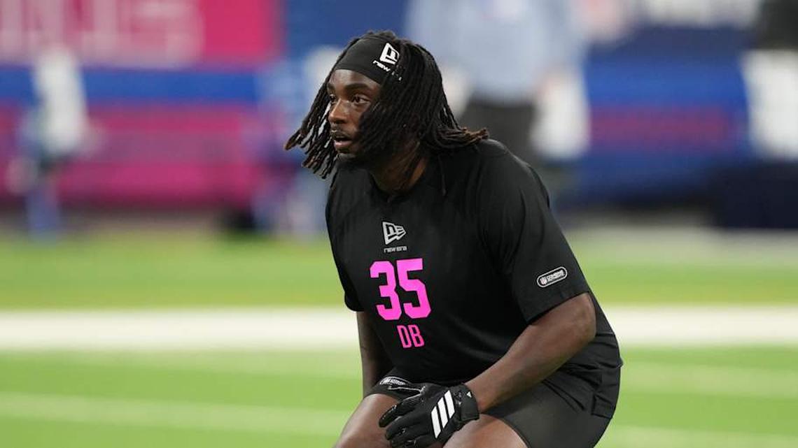  Feb 27, 2026; Indianapolis, IN, USA; Southern California defensive back Bishop Fitzgerald (DB35) during the NFL Scouting Combine at Lucas Oil Stadium. Mandatory Credit: Kirby Lee-Imagn Images | Kirby Lee-Imagn Images 