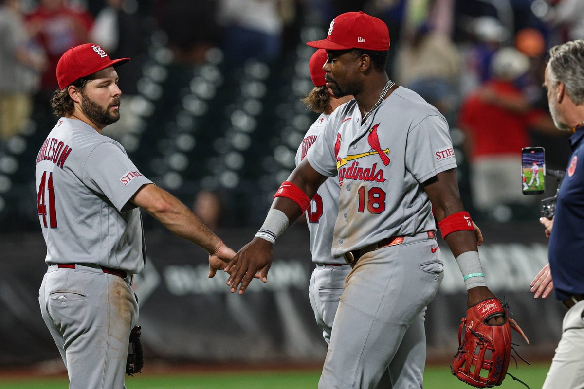  Jun 9, 2026; New York City, New York, USA; SSt. Louis Cardinals first baseman Alec Burleson (41) celebrates with right fielder Jordan Walker (18) after defeating the New York Mets at Citi Field. Mandatory Credit: Vincent Carchietta-Imagn Images 