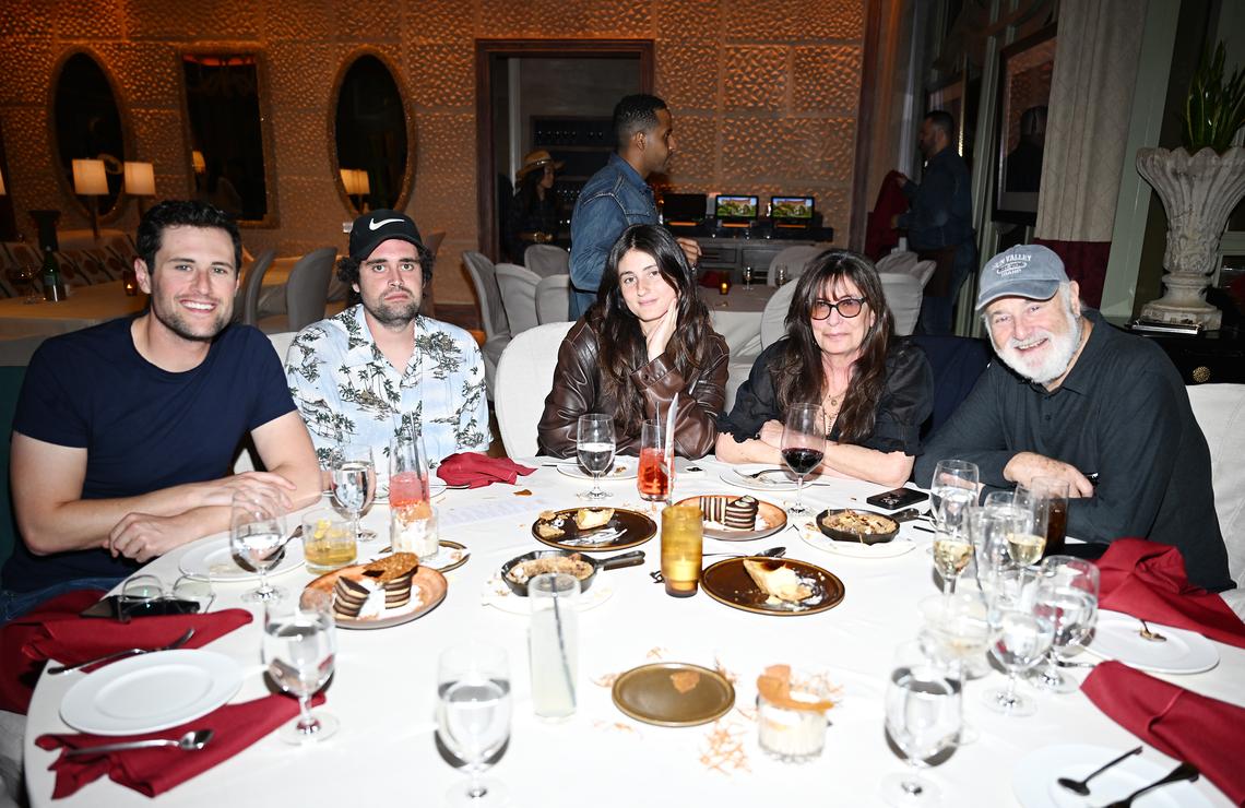  Jake Reiner, Nick Reiner, Romy Reiner, Michele Singer Reiner and Rob Reiner attend Four Sixes Ranch Steakhouse pop-up grand opening on September 14, 2024, in Las Vegas. 