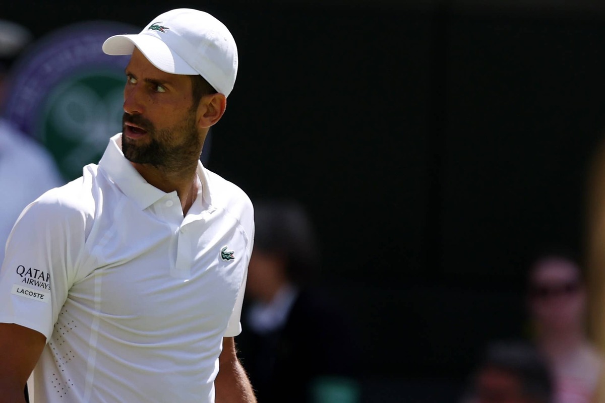  Jul 5, 2026; London, United Kingdom; Novak Djokovic (SRB) reacts after winning the first set against Roman Safiullin (not pictured) on day seven of The Championships Wimbledon 2026 at All England Lawn Tennis and Croquet Club. Mandatory Credit: Geoff Burke-Imagn Images 