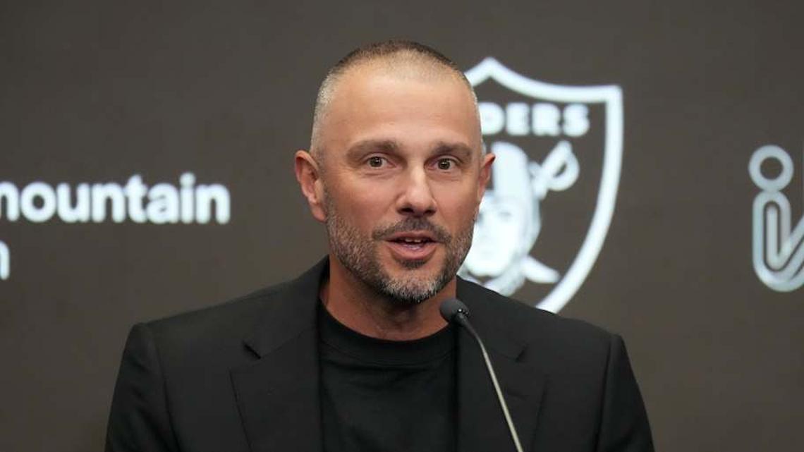  Feb 10, 2026; Henderson, NV, USA; Las Vegas Raiders general manager John Spytek at press conference at Intermountain Health Performance Center. Mandatory Credit: Kirby Lee-Imagn Images | Kirby Lee-Imagn Images 