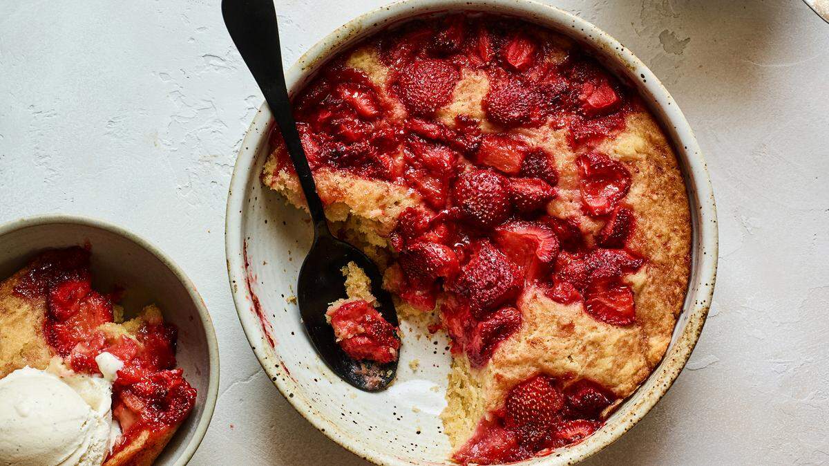 Strawberry spoon cake is so gooey, it’s best to serve the whole thing with a spoon.