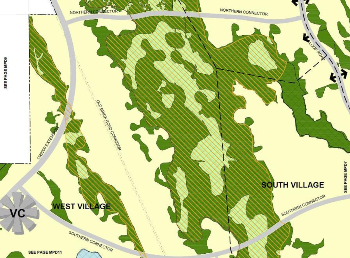 This concept map shows where crossing roads from proposed surrounding development could intersect with the historic Old Brick Road in Flagler County.