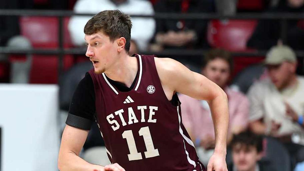  Feb 25, 2026; Tuscaloosa, Alabama, USA; Mississippi State Bulldogs forward Sergej Macura (11) dribbles the ball during the second half against the Alabama Crimson Tide at Coleman Coliseum. Mandatory Credit: David Leong-Imagn Images | David Leong-Imagn Images 